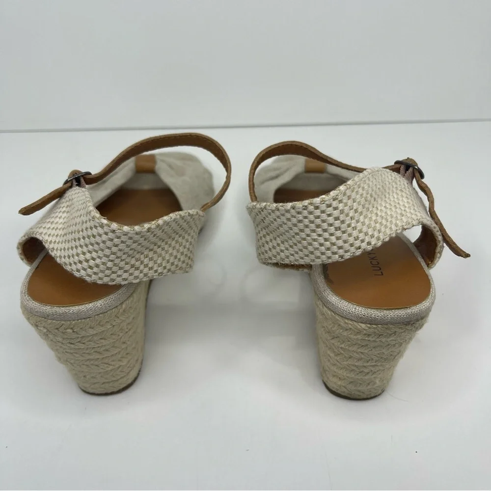 Lucky Brand Women's 8 Tan Gray Espadrille Wedge Sandal Feminine Bow‎ Beach Vaca